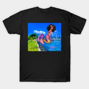 Mermaid with big afro hair, diving into the ocean. Black Mermaid. The best Gifts for black women 2022 T-Shirt